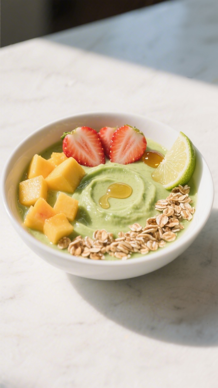 Final dish variation: Mango Lime version presented as a breakfast bowl—thicker avocado-mango smoot