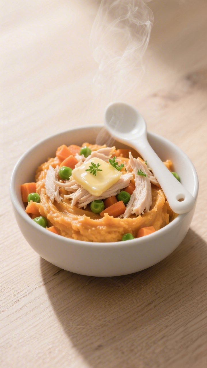 Final plated bowl: Creamy mashed sweet potato, carrot, and peas swirled with finely shredded poached