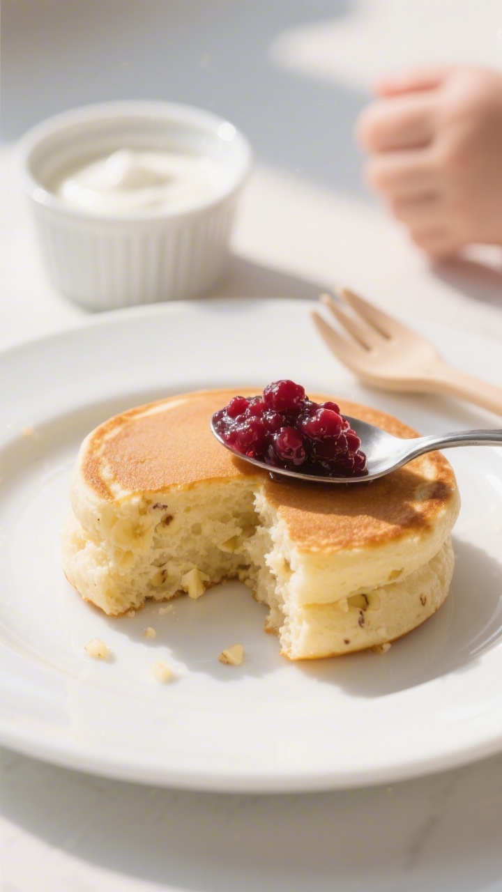 Final plated detail: Close-up of a cut-open mini pancake showing airy, moist crumb with tiny banana