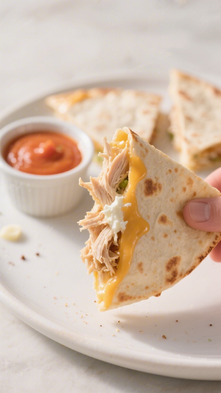 Final plated detail: Extreme close-up of a single quesadilla wedge held upright against the plate, s