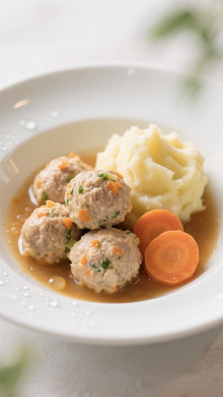 Final plated detail: Restaurant-quality presentation of soft chicken meatballs in a shallow white bo