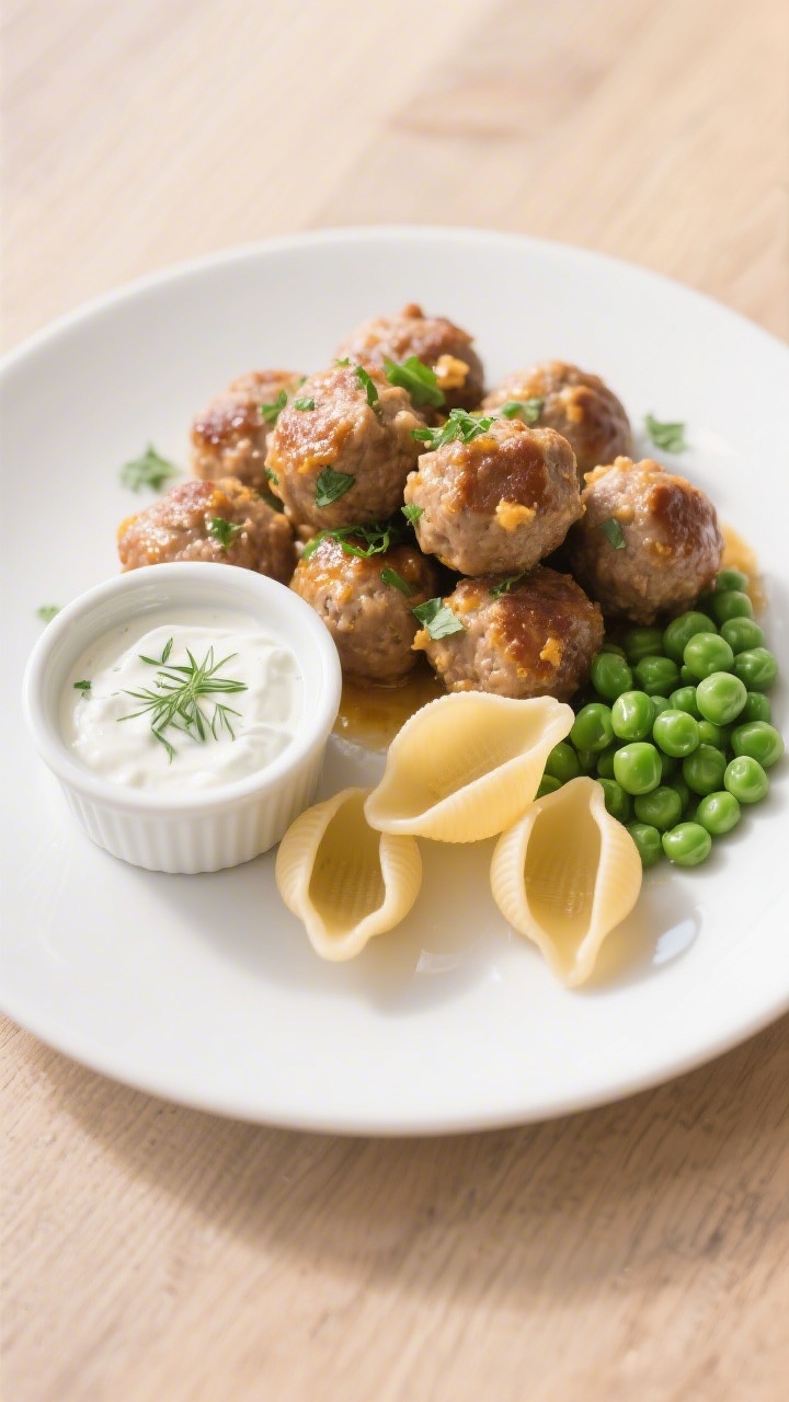 Final plated dish: Beautifully plated toddler chicken meatballs served family-style—small pile of 