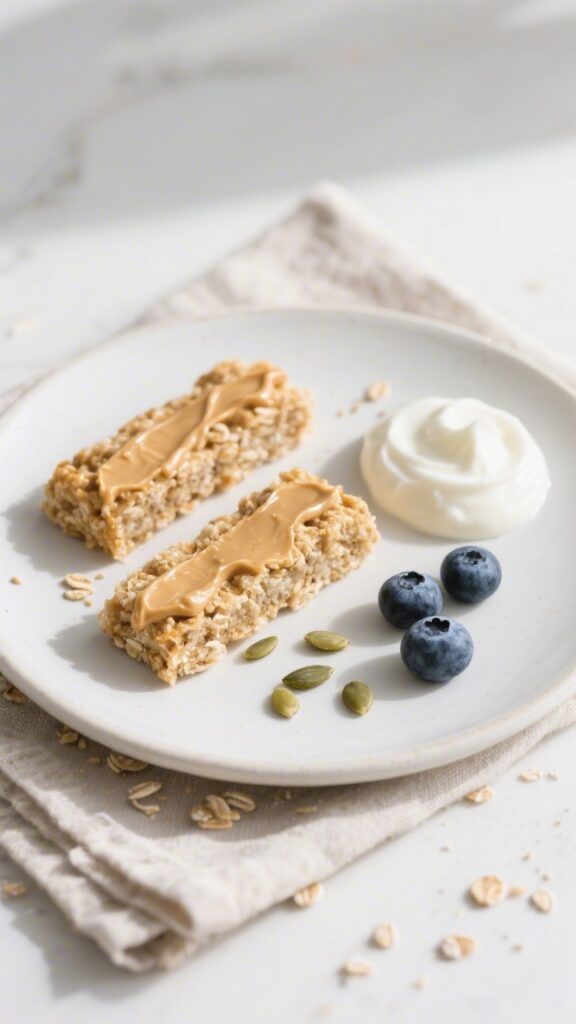 Final plated dish: Beautifully presented toddler snack plate with two soft banana oatmeal bar finger