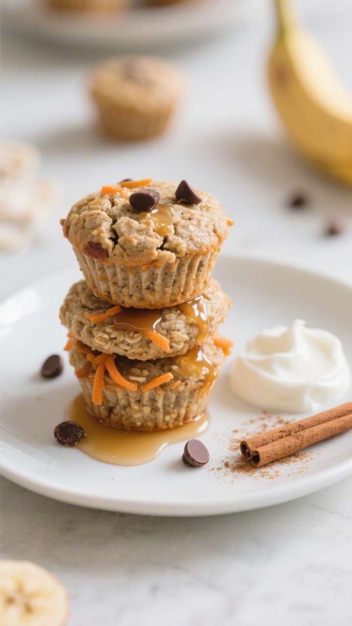 Final plated dish close-up: Beautifully plated toddler-friendly mini banana oatmeal muffins stacked 
