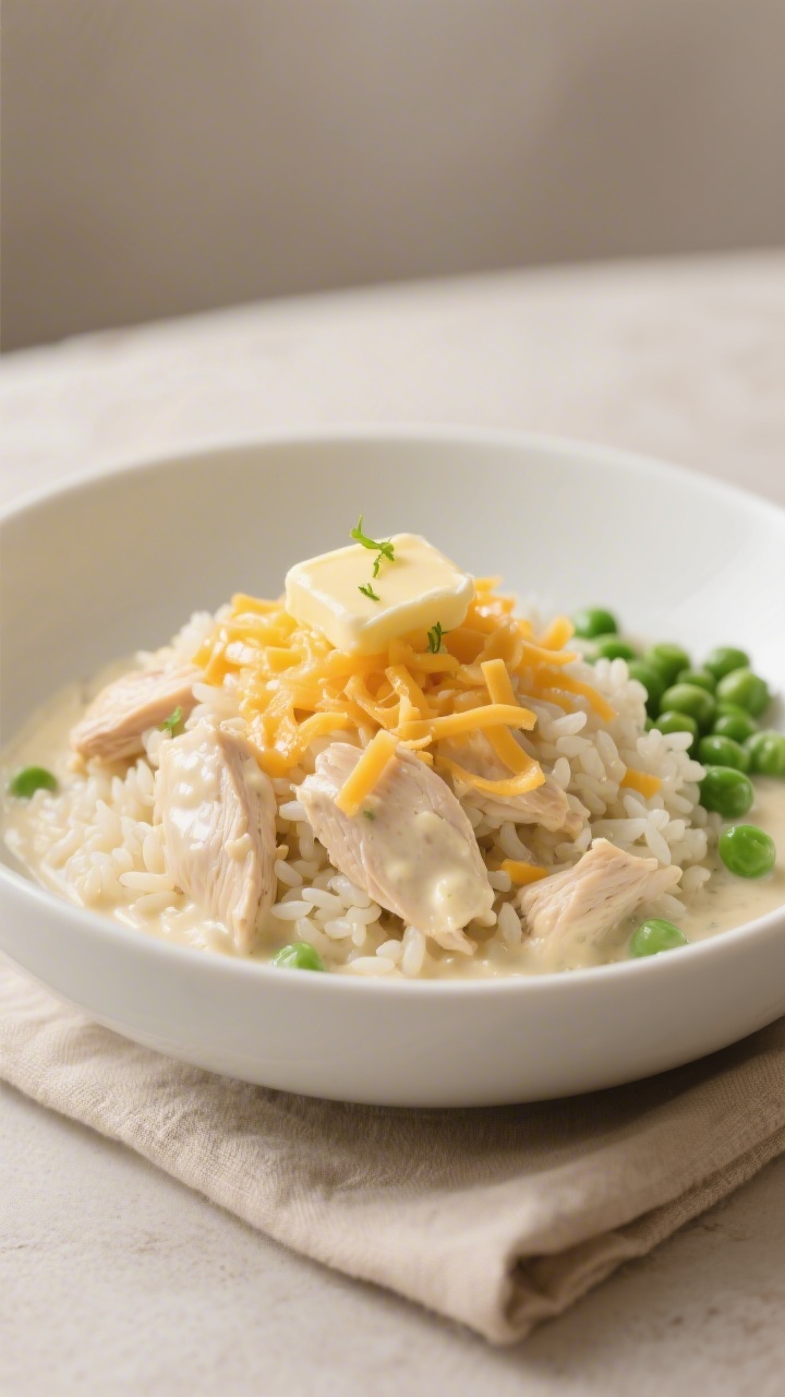 Final plated presentation: Beautifully plated bowl of Creamy Cheesy Chicken & Rice, restaurant-quali