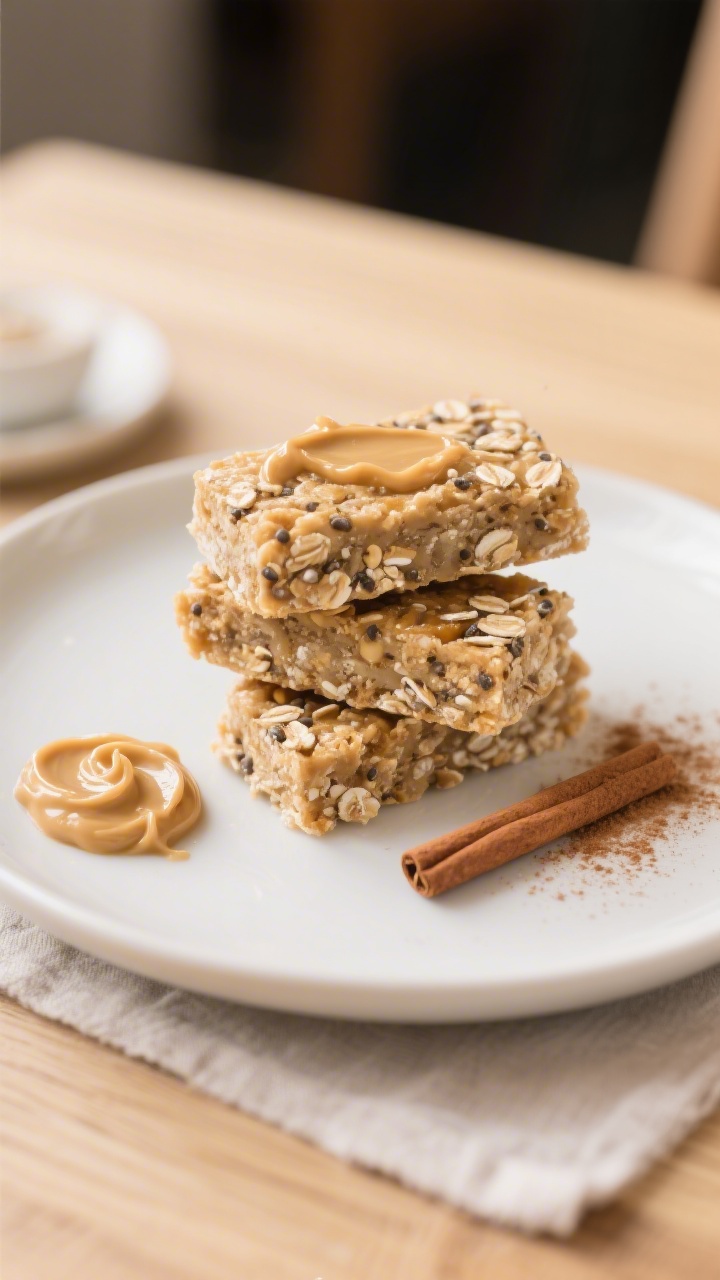 Final plated presentation: Beautifully plated Soft Banana Oat Bars on a matte white plate, three sta