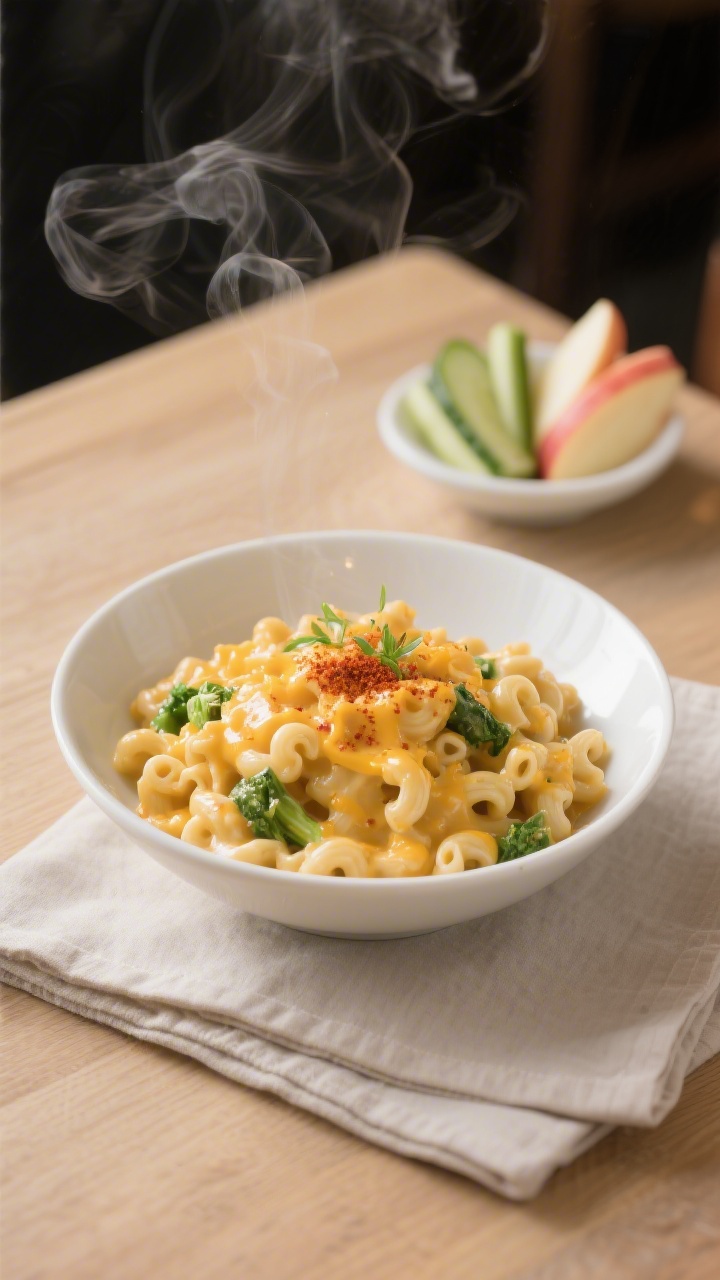 Final plated presentation: Restaurant-quality bowl of Hidden Veggie Mac and Cheese served warm, sauc