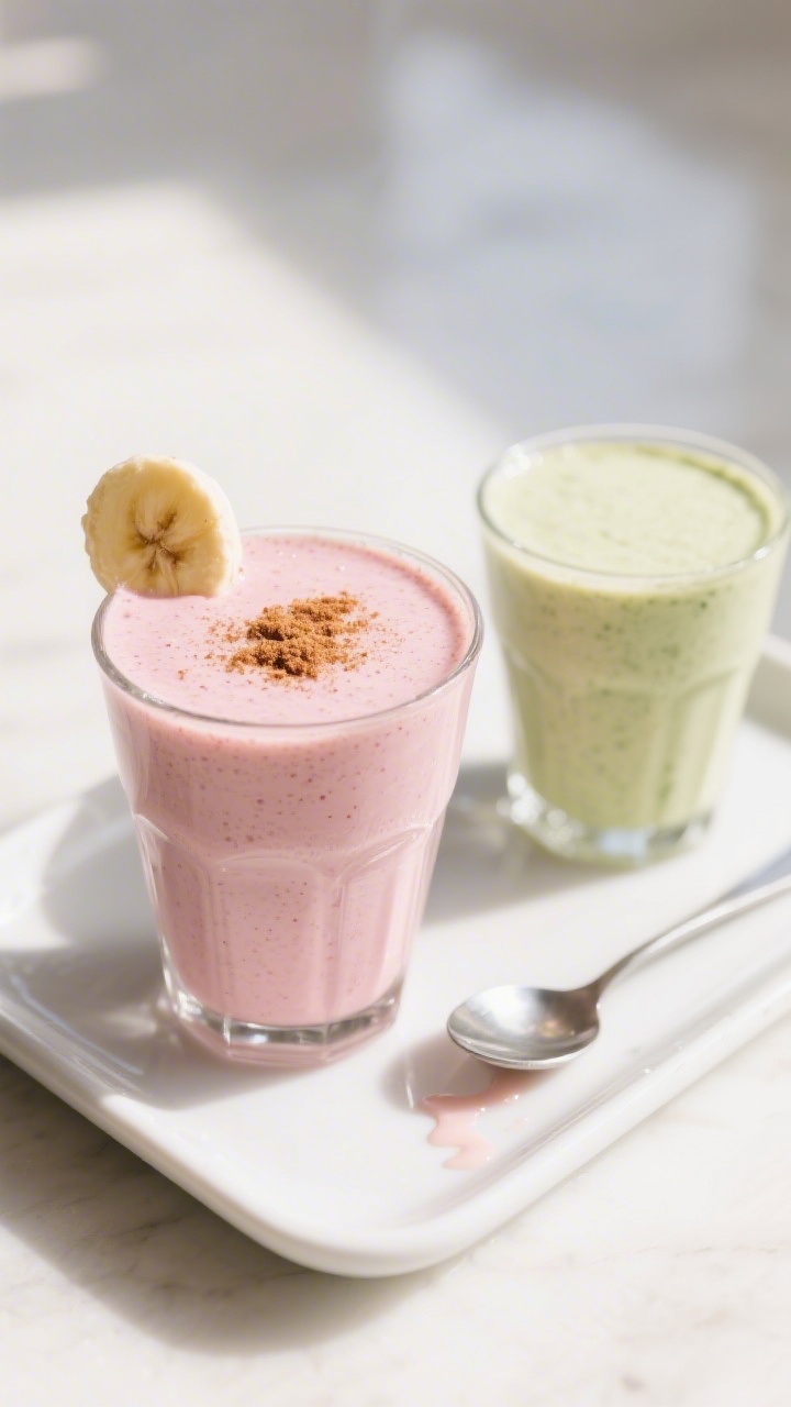 Final plated variation: Beautifully presented Berry Banana toddler smoothie in a short, wide glass,