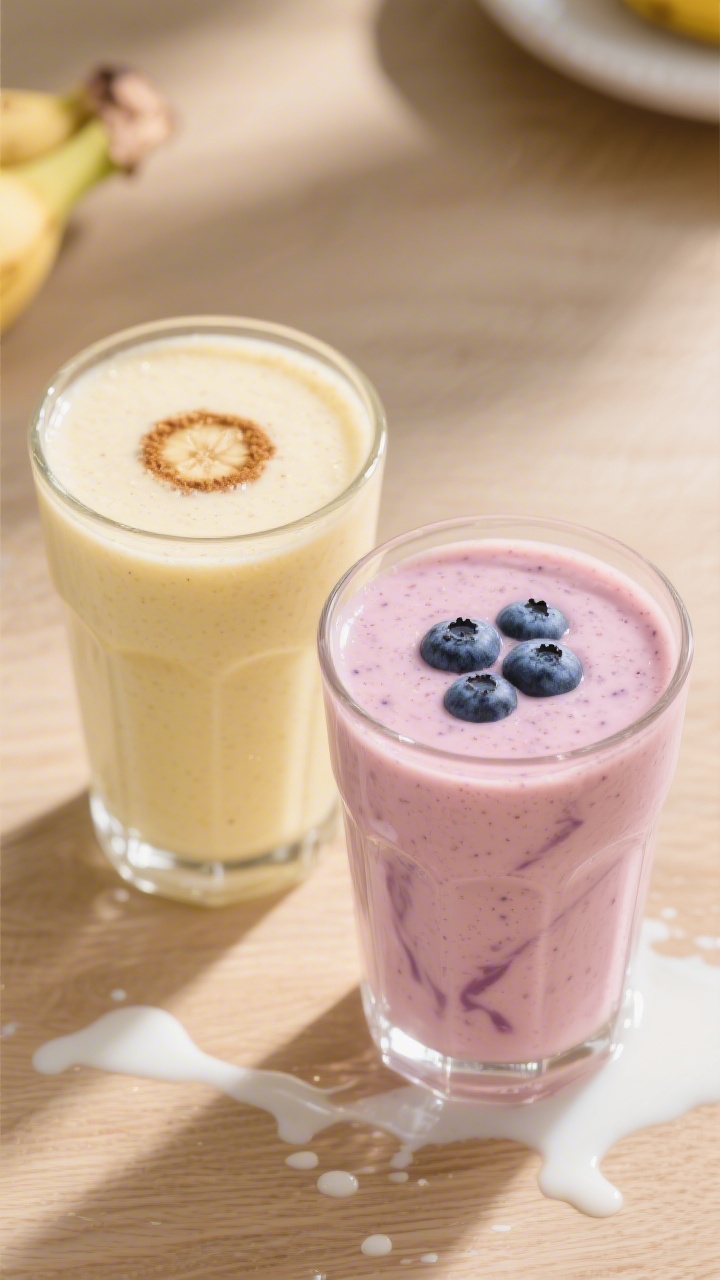 Final presentation: Beautifully presented toddler-friendly smoothie duo—one classic banana protein