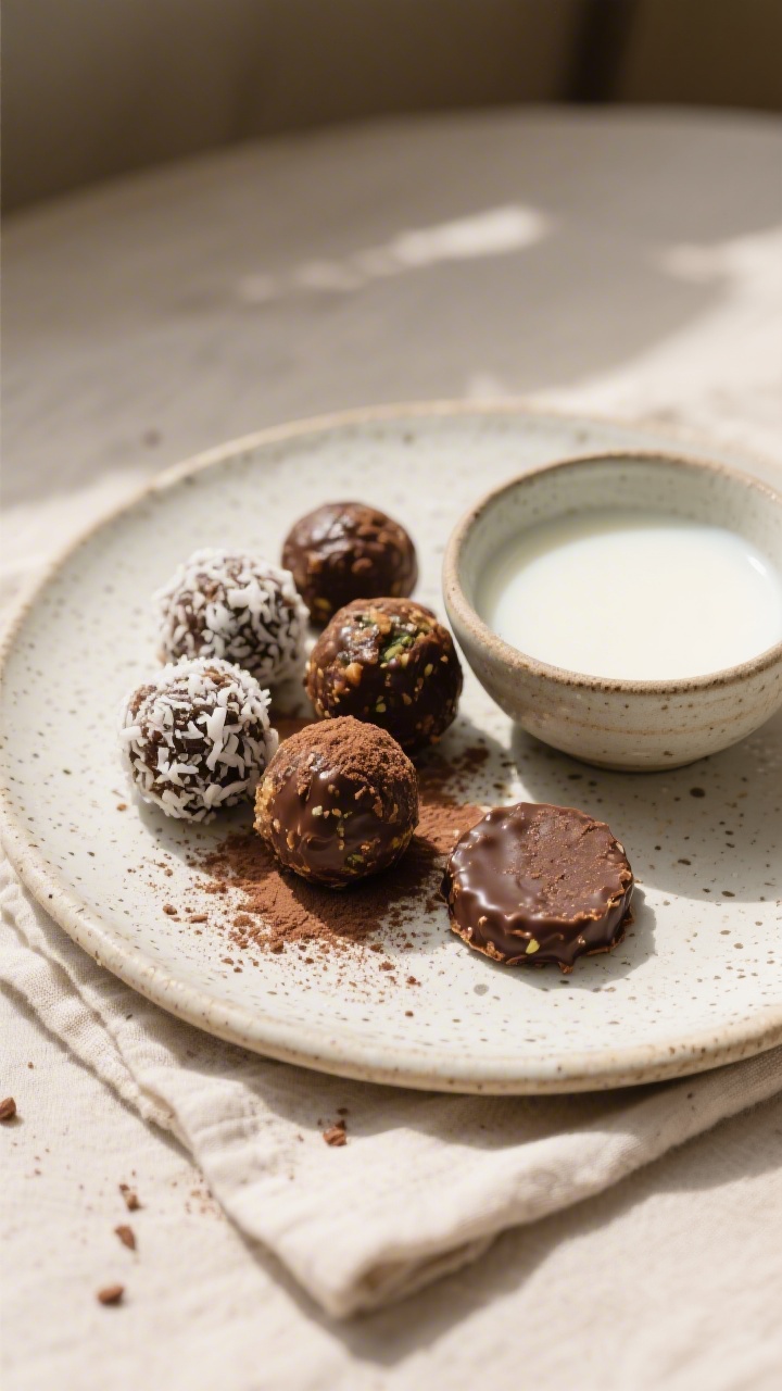Final presentation shot: Beautifully plated chocolate zucchini energy balls served on a light speckl