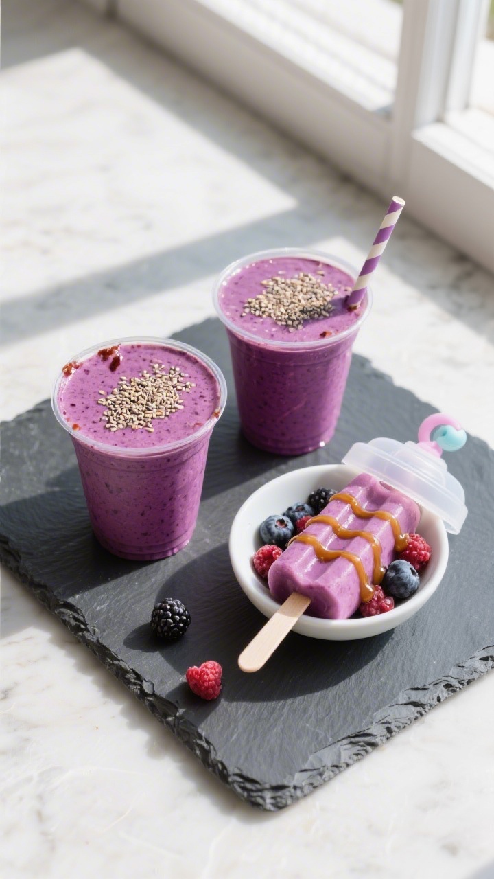 Overhead, of two small smoothie cups and a matching mini bowl of smoothie popsicles unmolded on a ch