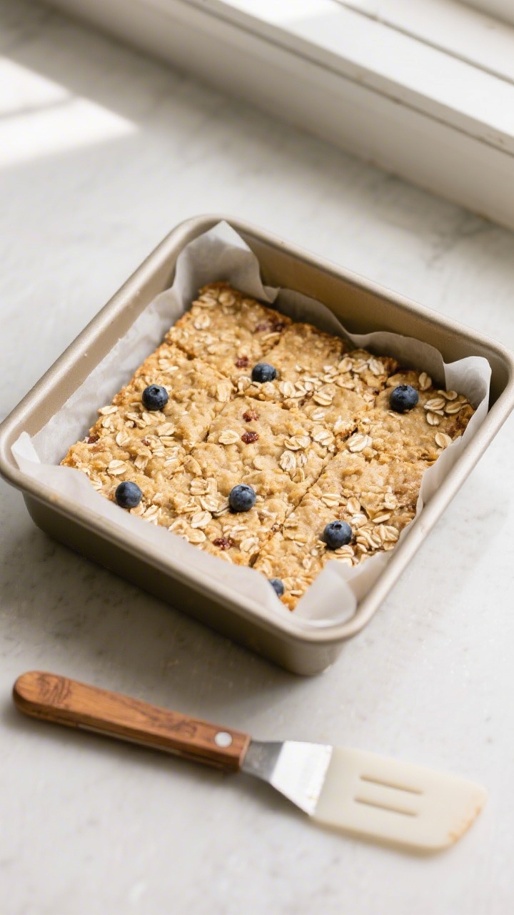 Overhead shot of freshly baked banana oatmeal bars cooling in an 8x8 pan lined with parchment, edges