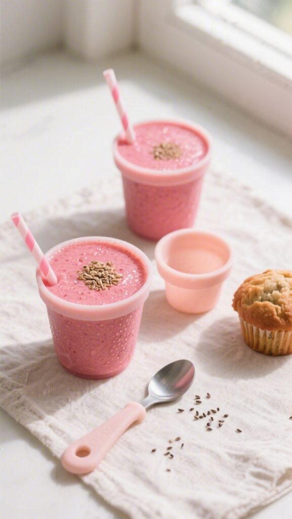 Overhead shot of the finished strawberry toddler smoothie served in two small silicone straw cups an