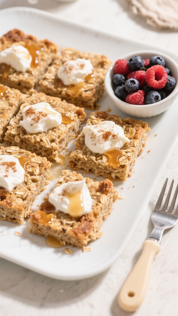 Overhead “tasty top view”: A family-friendly platter of baked oatmeal squares arranged on a whit