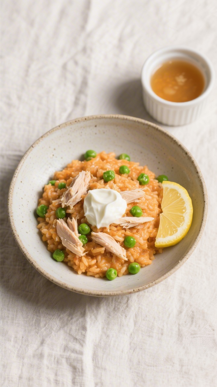 Overhead “tasty top view”: One-bowl toddler chicken mash presented like a cozy mini risotto—so