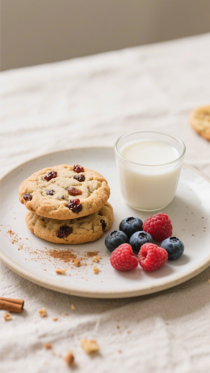 Overhead top-down shot of a toddler-friendly breakfast plate: two thin, soft Banana Breakfast Cookie