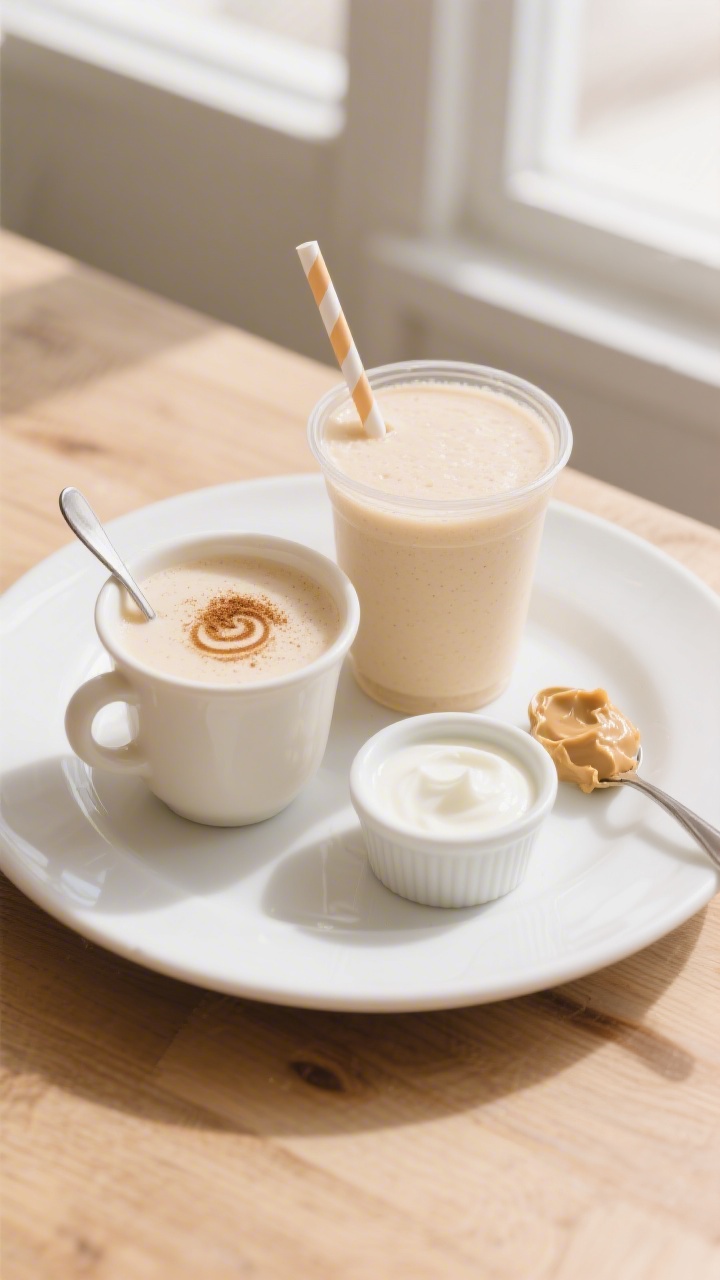 Overhead top-down shot of the final apple smoothie served two ways: a small toddler-sized open cup a
