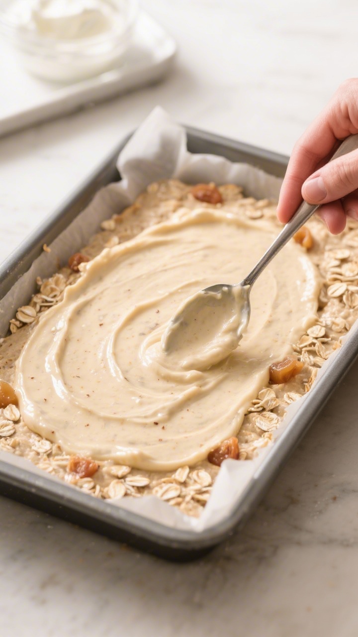 Process action scene: the thick, spoonable batter being spread and smoothed into an even layer in th