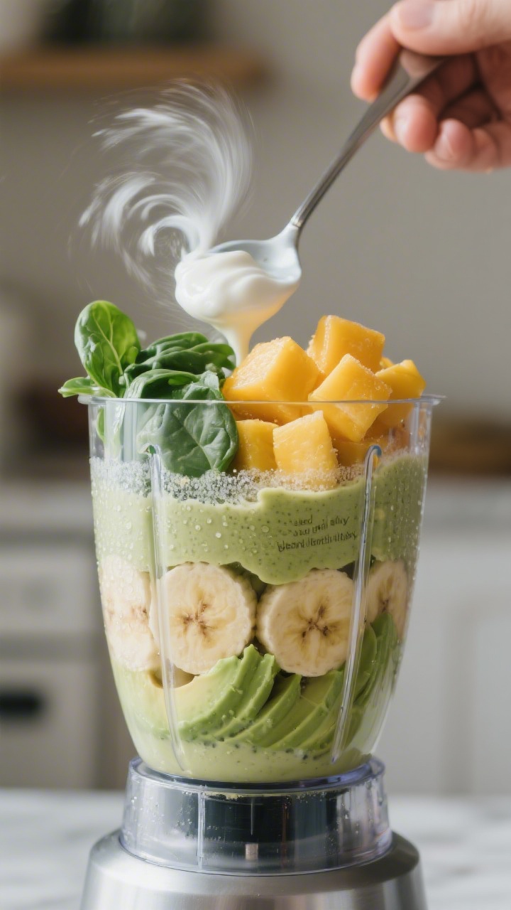 Process moment: The blending stage captured mid-action—ingredients layered correctly in the blende