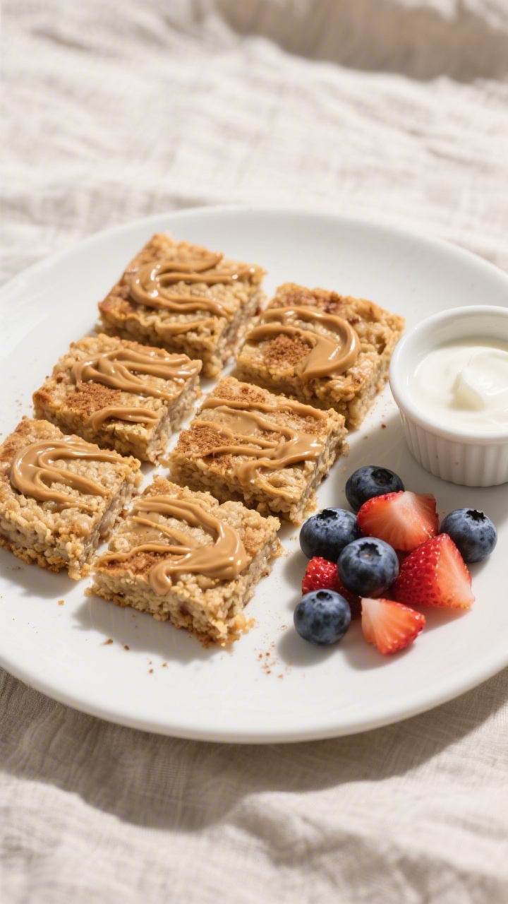 Tasty top view (final dish): Overhead shot of sliced banana baked oatmeal arranged into 9 neat squar