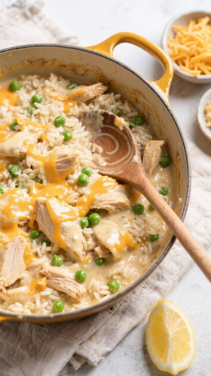 Tasty top view, final one-pot: Overhead shot of creamy cheesy chicken and rice just finished in the 