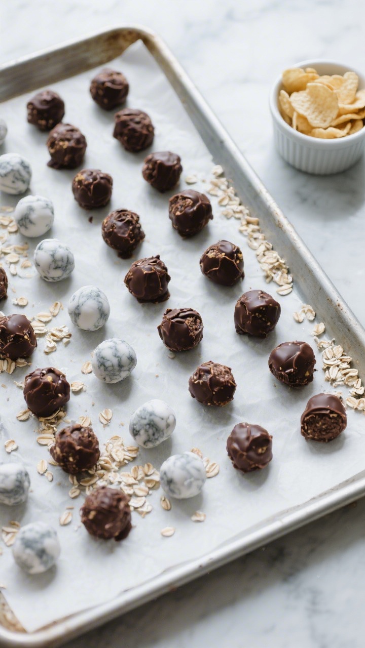 Tasty top view (overhead process stage): Rolled chocolate zucchini energy balls arranged in neat row