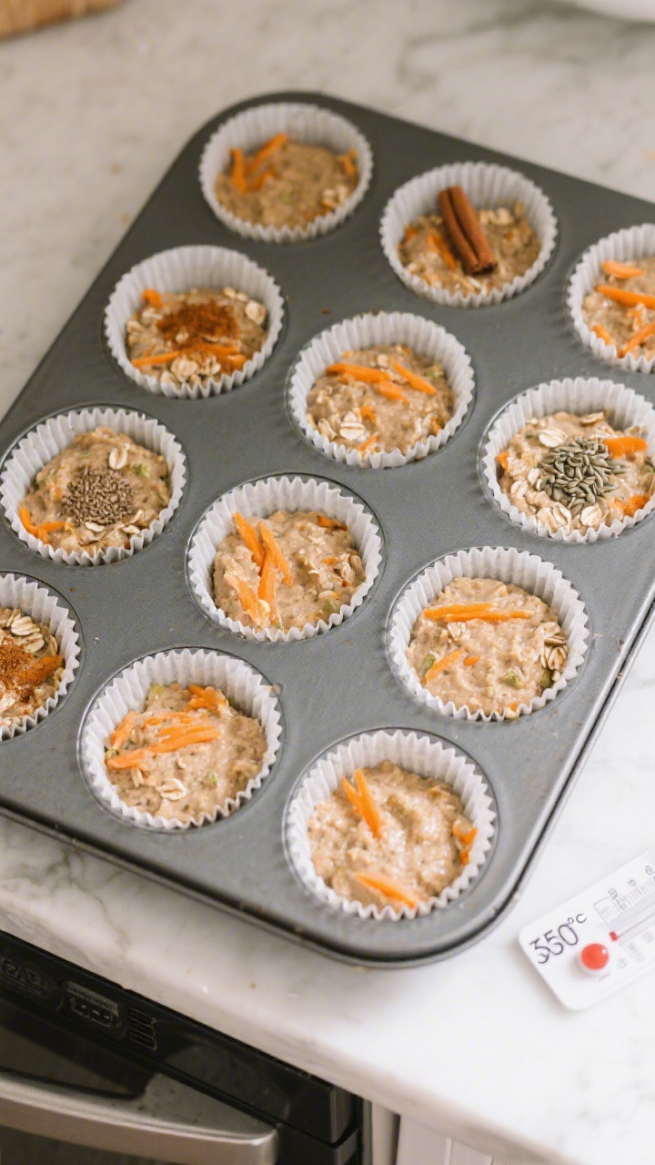 Tasty top view: Overhead shot of a 12-cup muffin tin lined with parchment-style liners, each cup fil