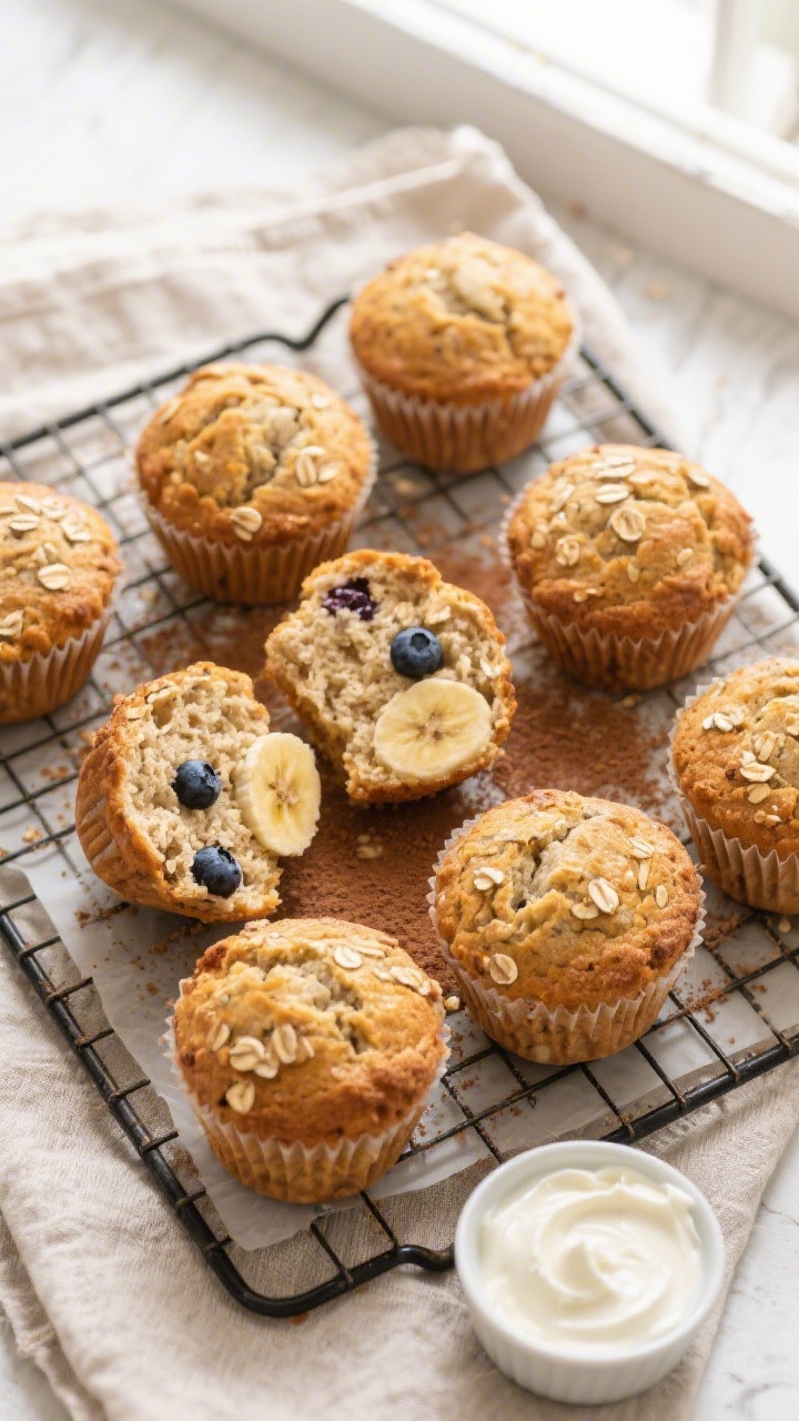 Tasty top view: Overhead shot of a cooling rack filled with freshly baked banana oatmeal muffins (st