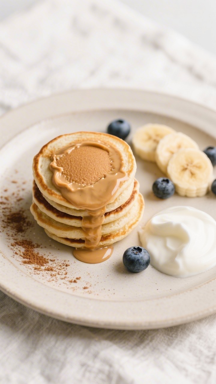 Tasty top-view: Overhead shot of a cozy breakfast plate stacked with mini fluffy banana pancakes, a