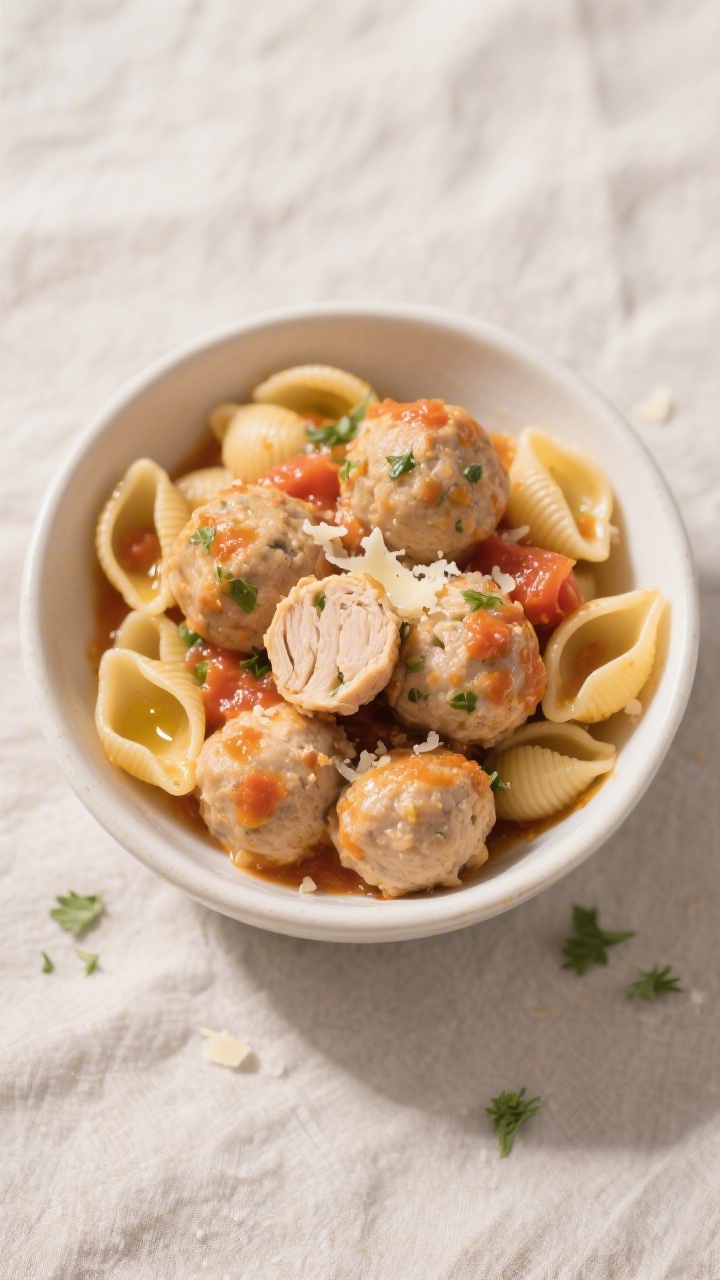 Tasty top view: Overhead shot of a cozy toddler-friendly bowl of buttered small pasta (like mini she