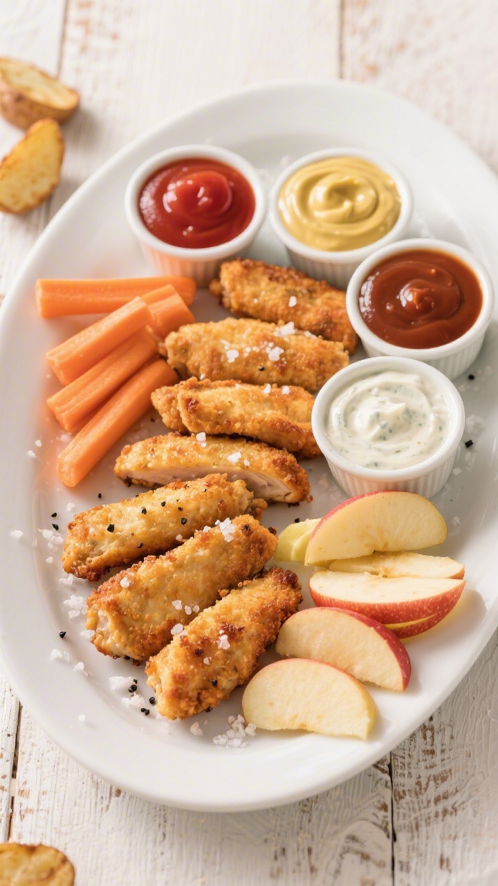 Tasty top view: Overhead shot of a family-friendly platter of baked chicken tenders arranged in a ne