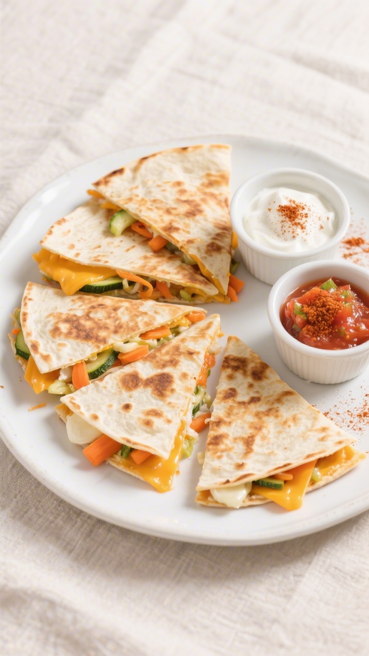 Tasty top view: Overhead shot of a freshly cooked, lightly crisped cheesy veggie quesadilla cut into