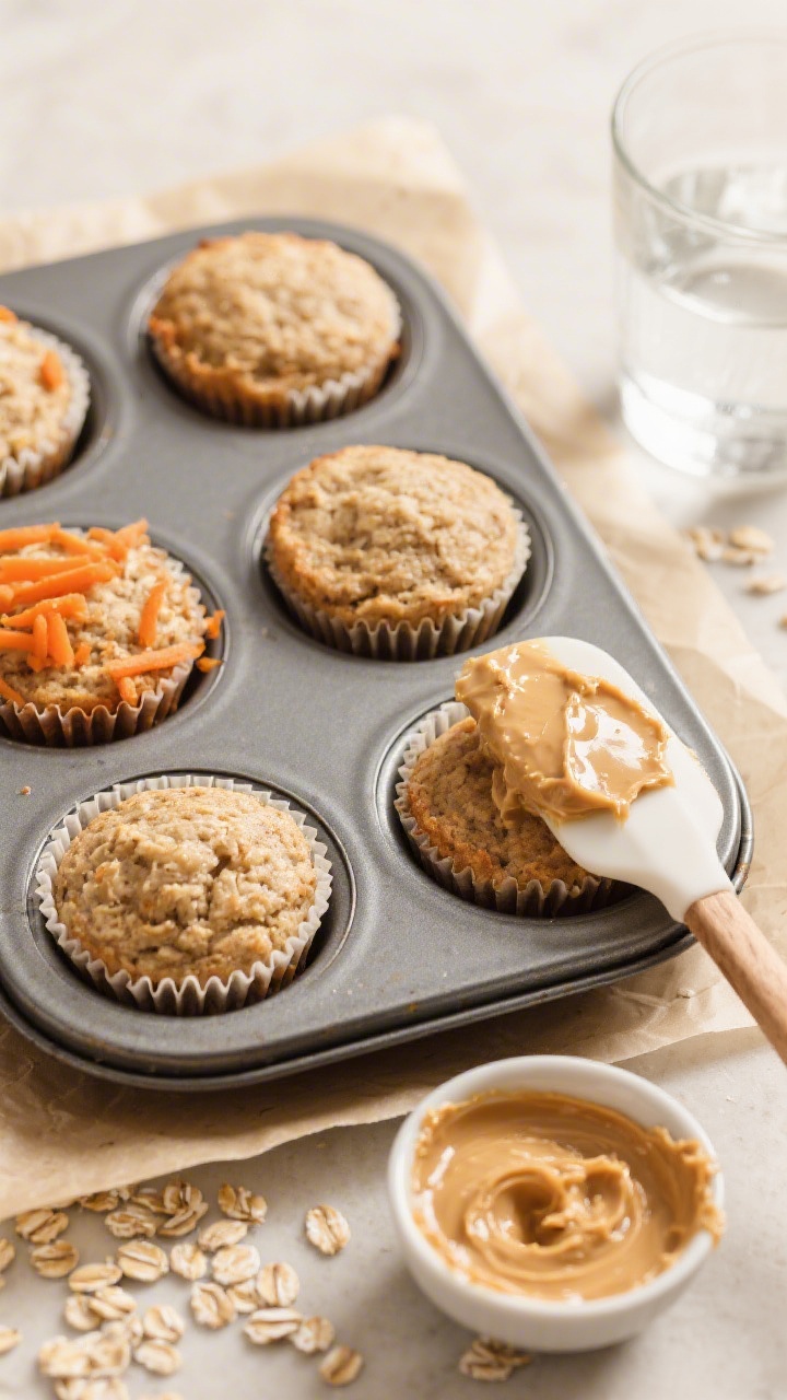 Tasty top view: Overhead shot of a parchment-lined mini muffin tin filled with baked banana oatmeal