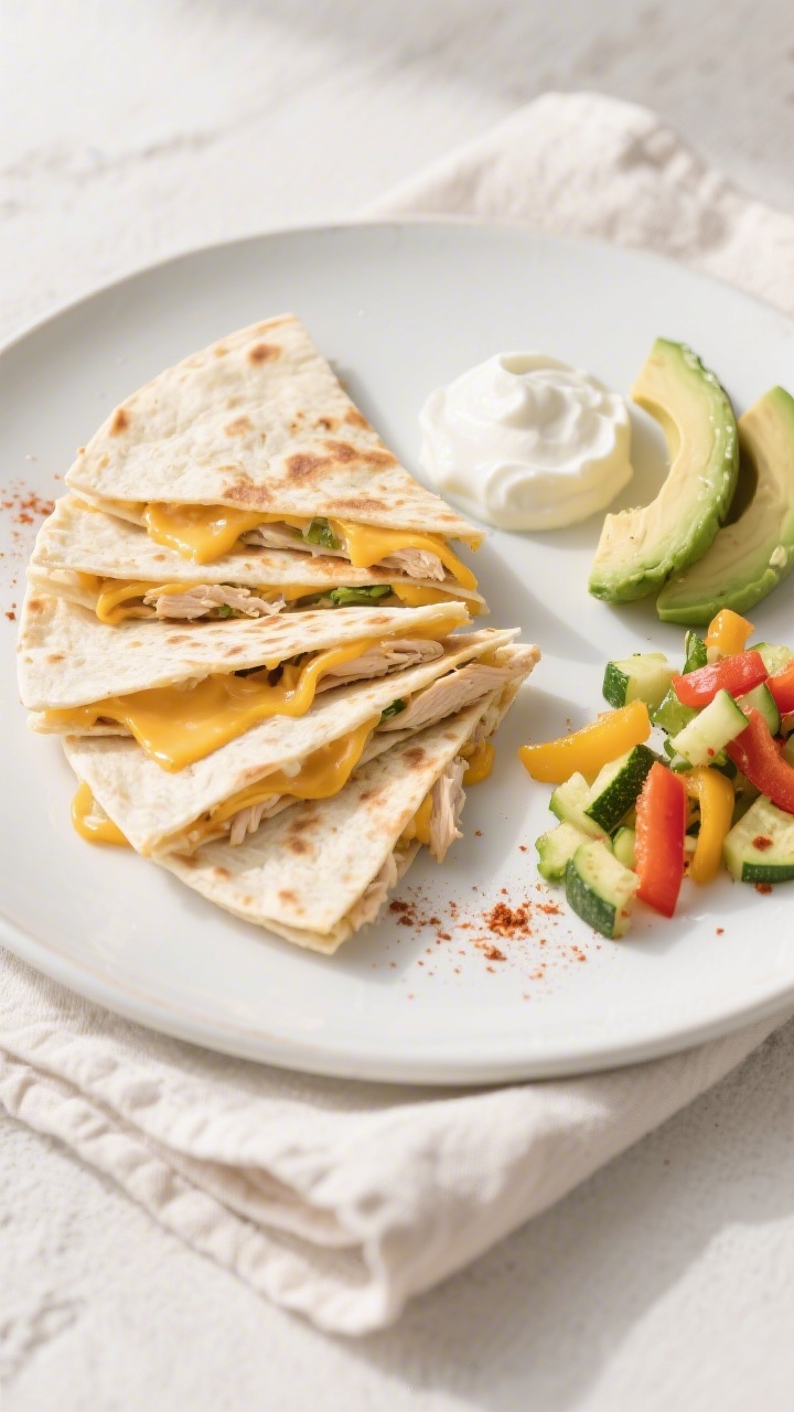 Tasty top view: Overhead shot of a sliced soft chicken quesadilla arranged in neat thin wedges on a