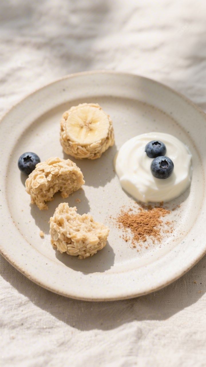 Tasty top view: Overhead shot of a small toddler-friendly snack plate with 3 soft banana oat bites a