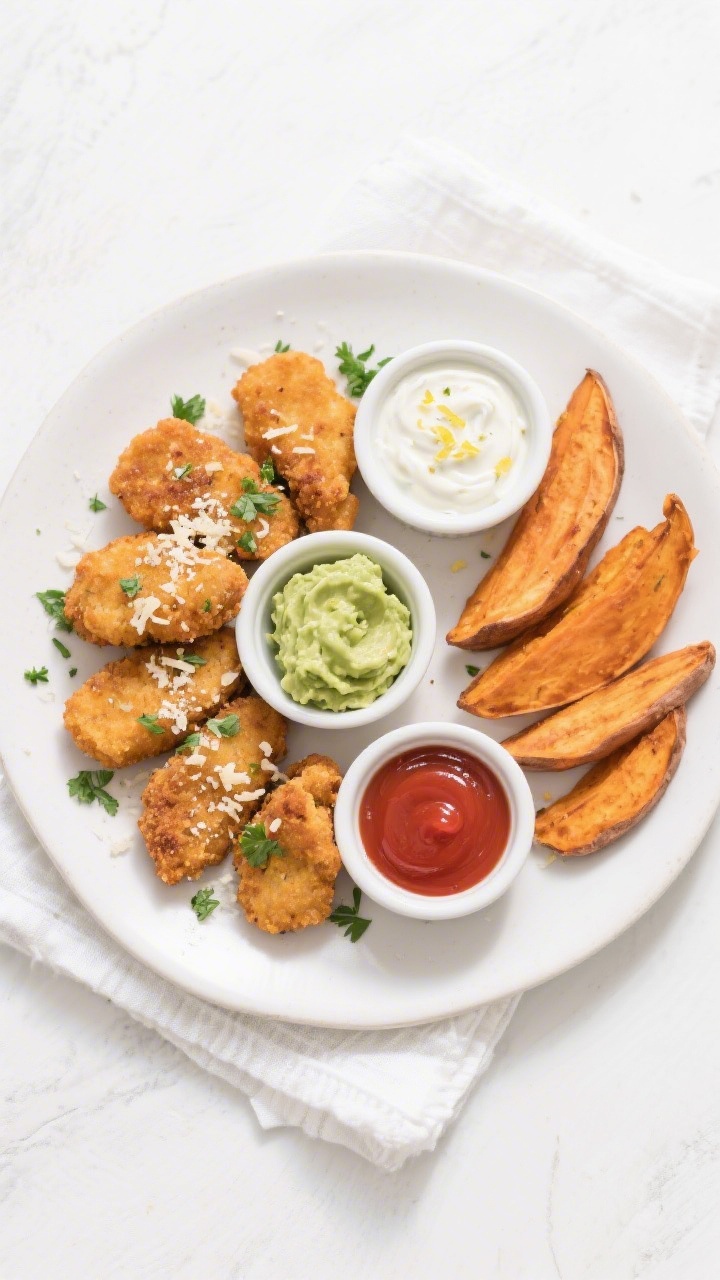 Tasty top view: Overhead shot of a toddler-friendly plate of sweet potato chicken nuggets arranged i