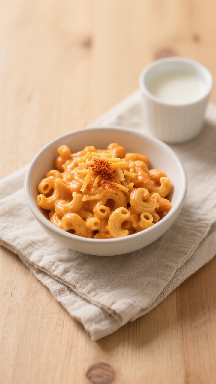 Tasty top view: Overhead shot of a toddler-friendly portion of sweet potato mac and cheese served in