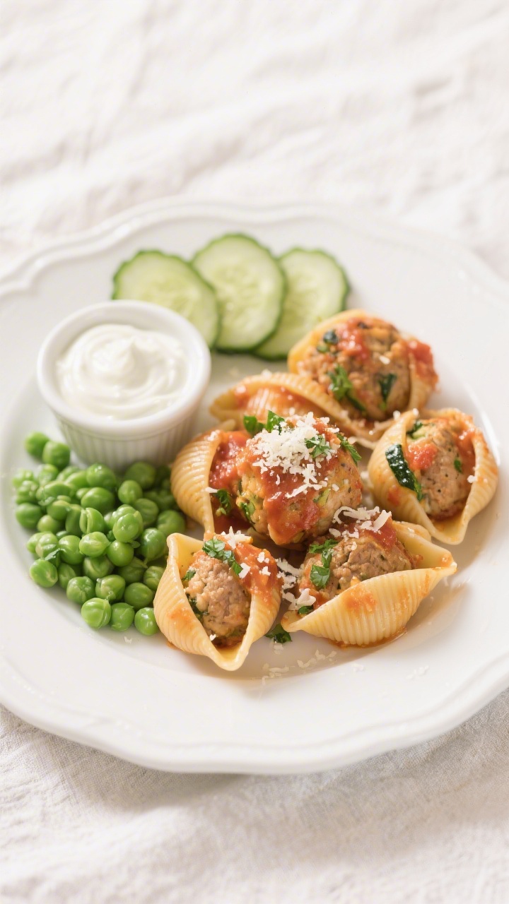 Tasty top view: Overhead shot of a toddler-friendly plate of mini chicken zucchini meatballs tucked 
