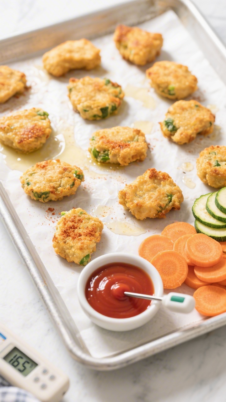 Tasty top view: Overhead shot of baked hidden-veggie chicken nuggets on a parchment-lined sheet pan