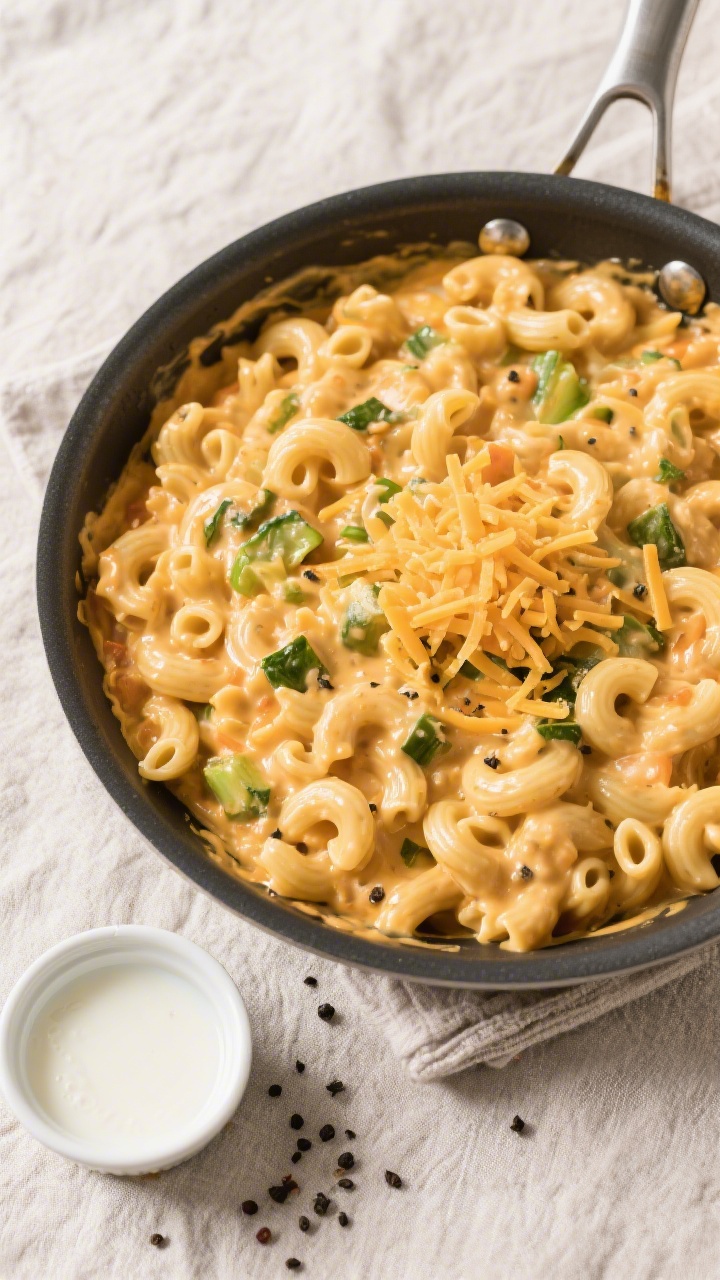 Tasty top view: Overhead shot of creamy Hidden Veggie Mac and Cheese just combined with al dente elb