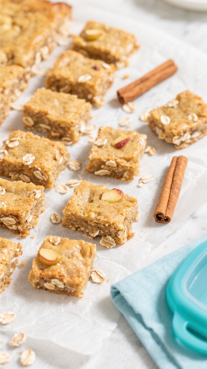 Tasty top view: Overhead shot of freshly baked Soft Banana Oat Bars cooled and sliced into toddler-f