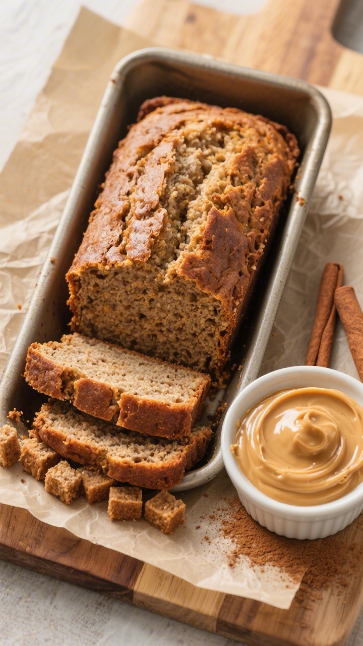 Tasty top view: Overhead shot of neatly sliced banana bread arranged on parchment in a 9x5 loaf pan,