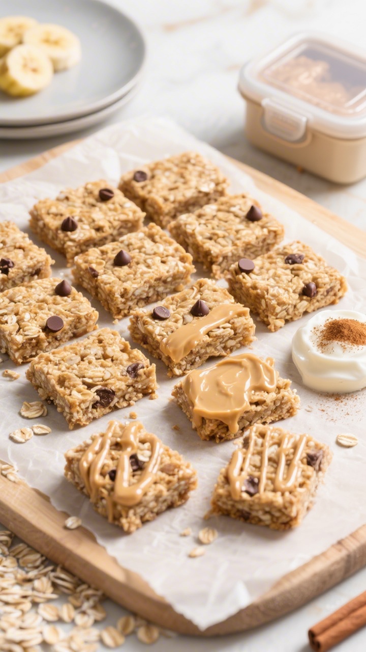 Tasty top view: Overhead shot of neatly sliced oatmeal bars arranged in a tidy grid on a parchment-l