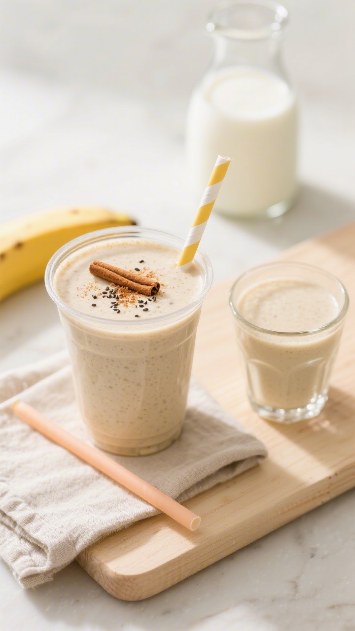 Tasty top view: Overhead shot of the finished banana toddler protein smoothie poured into a small, c