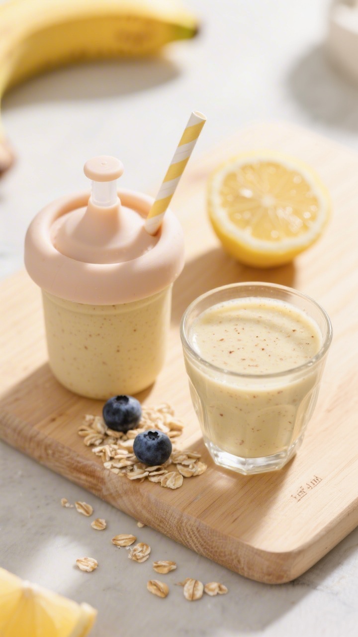 Tasty top view: Overhead shot of the finished banana toddler smoothie poured into a small silicone s