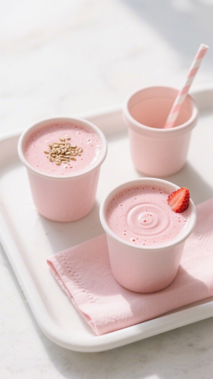 Tasty top view: Overhead shot of the finished strawberry-banana toddler smoothie poured into two sma