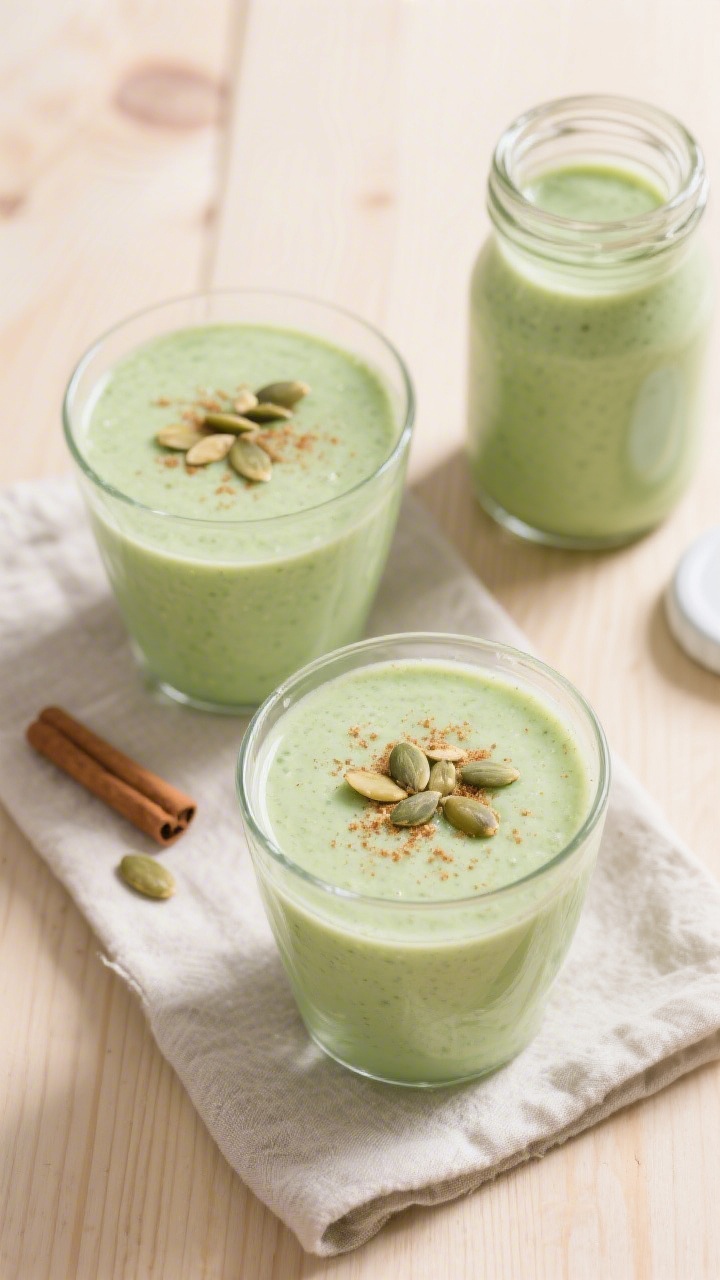 Tasty top view: Overhead shot of two small glasses filled with the finished smoothie at “pourable