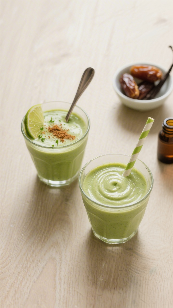 Tasty top view: Overhead shot of two small glasses of the avocado healthy smoothie on a light wood s