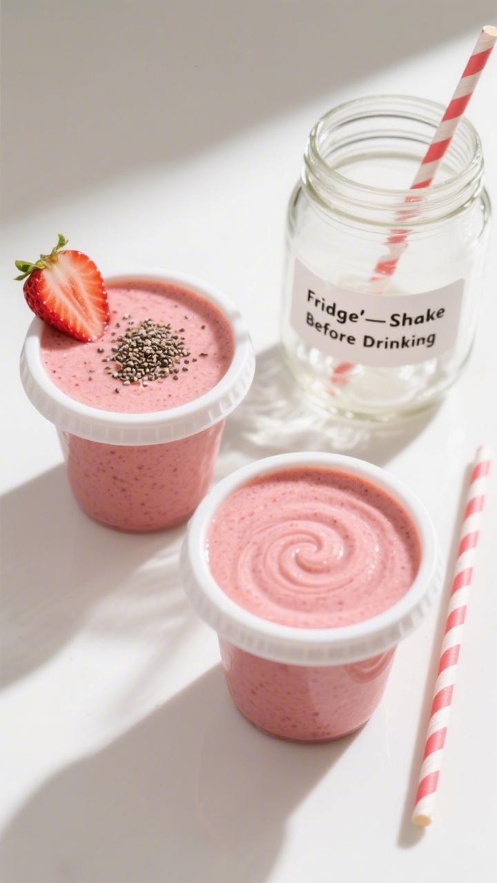 Tasty top view: Overhead shot of two small lidded cups filled with the strawberry banana smoothie, s
