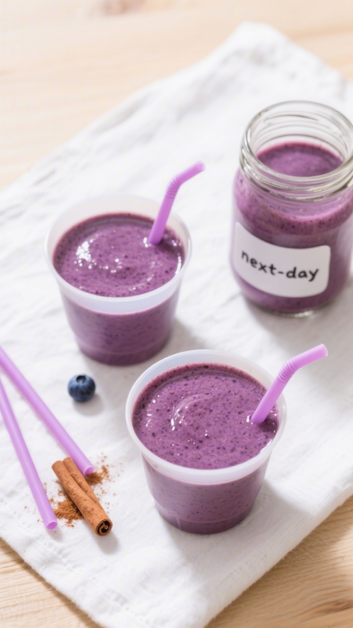 Tasty top view: Overhead shot of two small toddler-friendly cups filled with the finished blueberry 